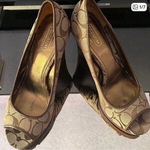 Coach Beige/Tan Signature Canvas Peep-Toe Wedges